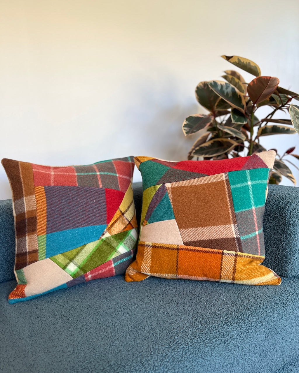 Vintage Blanket Patchwork Cushions Pair LUMBERJACK