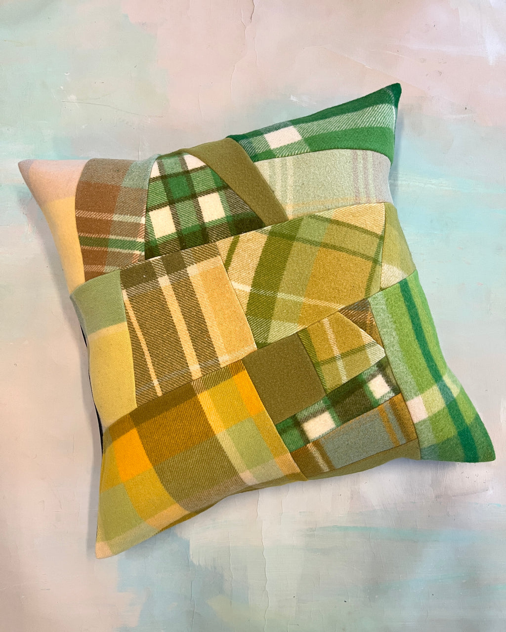Vintage Blanket Patchwork Large/Floor Cushion EARTHY GREEN #1