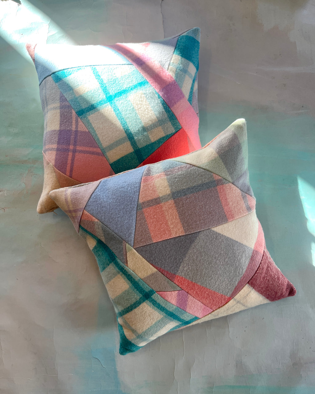 Vintage Blanket Patchwork Cushions Pair PASTEL POP
