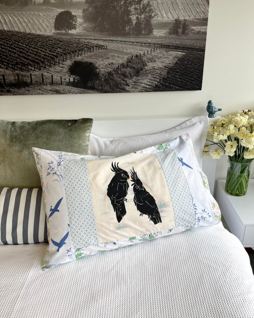Patchwork Pillowcase Cockatoos Blue