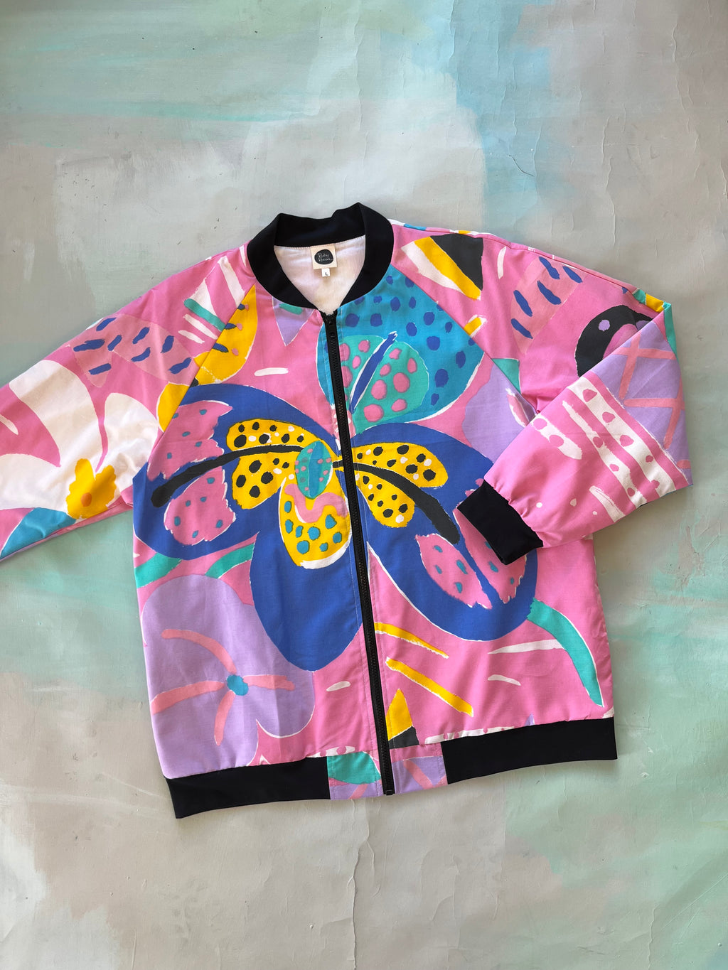 Bomber Jacket Vintage Ken Done Pink Flowers by the Sea L