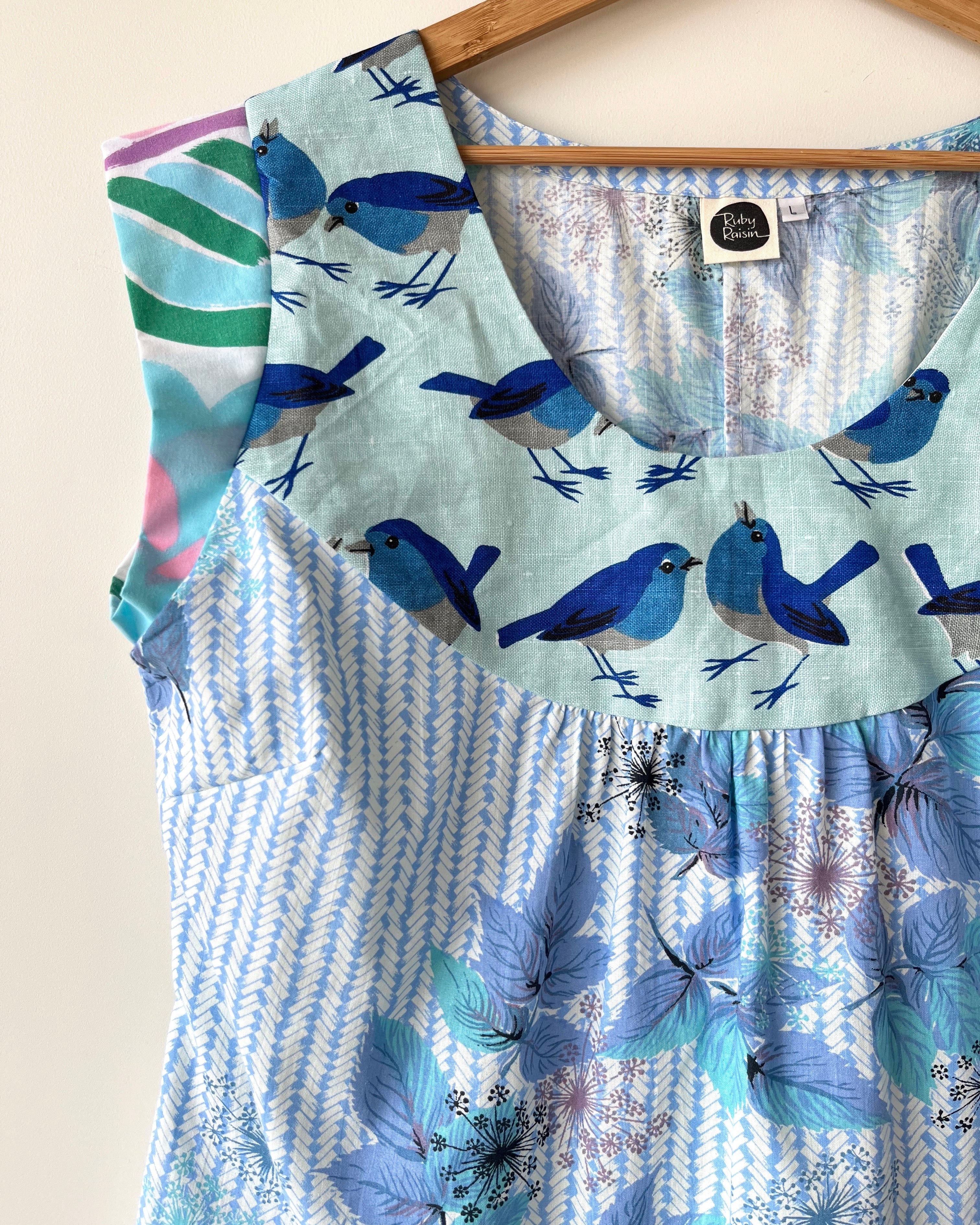 Collage Top Vintage Blue Bird Leaves XS